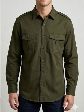 Men's Olive Green Military-Style Button-Down Shirt